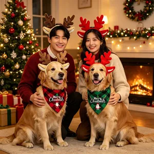 Kerst huisdier rendier hoofdband en geruite bandana set voor puppy feestkleding en decoratie.