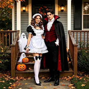 Vue détaillée de l'ensemble de costume de bonne et de vampire d'Halloween pour scènes de fête.