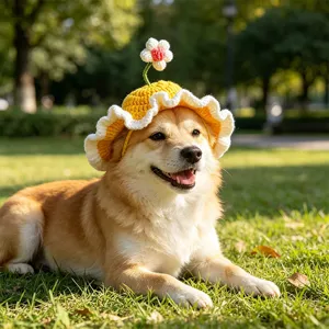 Handmade crochet pet hat with cute flower detail, perfect lovely headwear for cats and dogs.