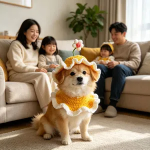 Handmade knitted pet hat and collar set with cute flower design for small dogs and cats detail