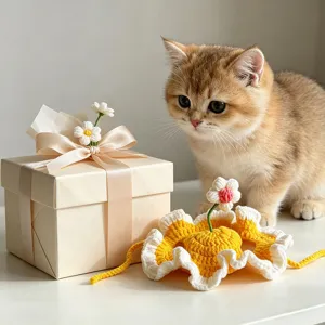 Handmade crochet pet hat with cute flower design, perfect detail view for cats and dogs.