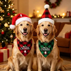 Kerstkostuum set voor huisdieren met roodgroene geruite bandana en kerstmuts voor honden.