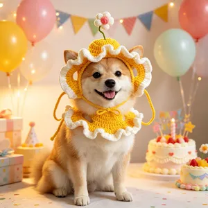 Cute pet crochet hat set with flower design, perfect for cat and dog birthday party dress up.