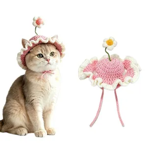 Handmade crochet pet cat hat with cute flower and straps, adorable pink kitten headwear