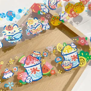 Cute PET washi tape detail showing Japanese summer shaved ice and animal designs for journal decor.