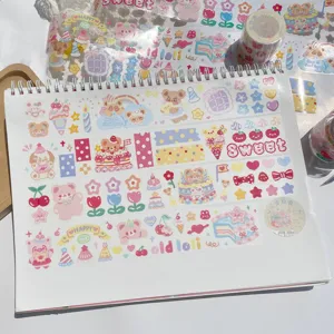 Cute vintage PET washi tape and sticker set detail featuring sweet bear, cake and floral patterns.