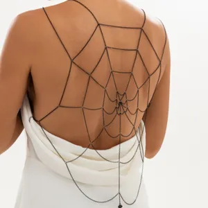 Gotische spinnenweb rugketting, punk lichaam ketting sieraden detail, zwarte metaal ketting dames.