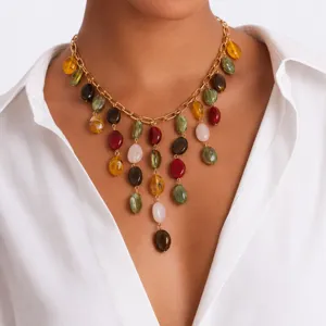 Bohemian Colorful Resin Pendant Necklace Vintage Gold Plated Chain Collar Necklace Fashion Jewelry For Women