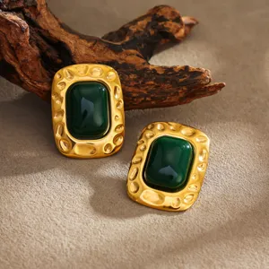 Boucles d'oreilles carrées en acier inoxydable plaqué or 18k vert foncé vintage