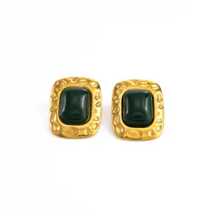 Boucles d'oreilles carrees en acier inoxydable dore 18k style retro chic pierre verte