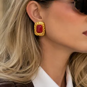 Boucles d'Oreilles Clous en Acier Inoxydable Plaqué Or 18K Vintage pour Femmes Boucles d'Oreilles Géométriques Rétro en Résine Carrée