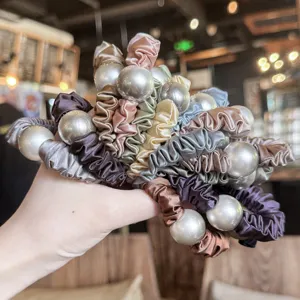 Satin hair scrunchies with large pearls elegant elastic hair ties for women daily styling
