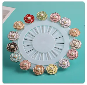 Multicolor resin camellia flower brooch pins with faux pearl design long pin