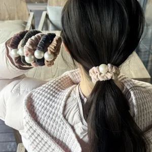 Woolen Cloth Hair Scrunchies Elegant Artificial Pearl Pleated Hair Ropes Casual Ponytail Holder Hair Accessories