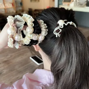 Fashion Women Hair Tie Elegant Lace Trim Artificial Pearl Scrunchies Chic Fabric Hair Accessories Ponytail Holder