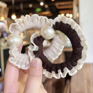 Elegant lace pearl hair scrunchie set, chic ruffled hair ties for women and girls daily styling.