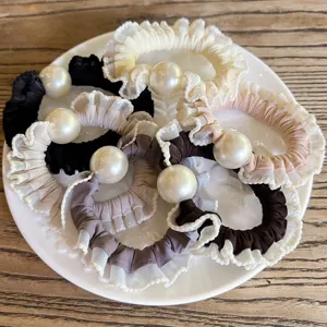 Pearl hair scrunchies lace frill hair tie elegant elastic hair band set for women