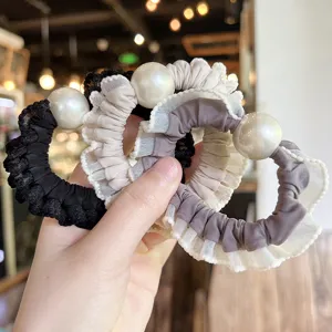 Elegant pearl lace hair scrunchies set, fashion hair ties for women and daily bun styling.