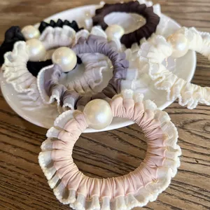 Ruffle pearl hair scrunchies set, elegant fabric hair ties for women and girls daily styling.