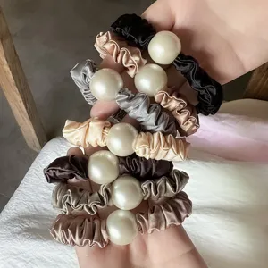 Satin Hair Scrunchies For Women Elegant Pearl Pleated Elastic Hair Ropes Ponytail Holder Daily Hair Accessories