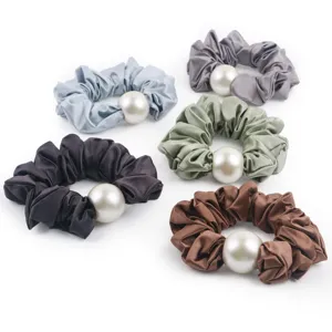 Satin hair scrunchies set with large faux pearls, elegant ponytail holder hair accessories.