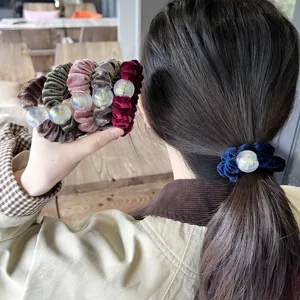 Velvet hair scrunchies with glitter beads, autumn winter ponytail hair tie fashion accessories.