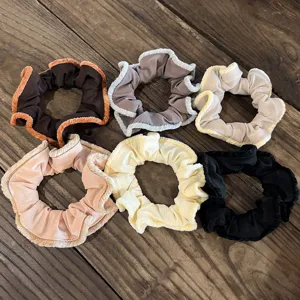 Set of 6 autumn winter vintage velvet scrunchies with contrast lace trim, elegant hair ties.