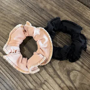 Velvet hair scrunchies detail view, plush trimmed hair ties for women and girls ponytail styling.