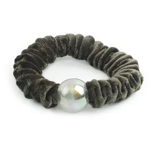 Dark grey velvet hair scrunchie with sparkly glitter bead for elegant daily hairstyles.