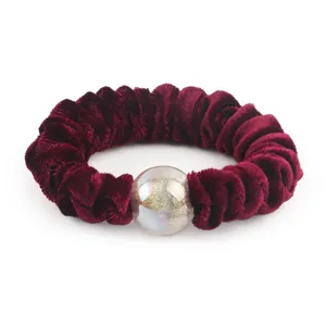 Burgundy velvet hair scrunchie with a sparkling glitter bead detail for women daily ponytails.