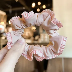 Pink satin ruffled scrunchie hair tie cute simple headband hair accessory for women girls