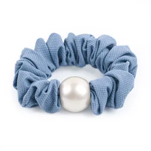 Elegant blue honeycomb scrunchie with large faux pearl charm, high elasticity ponytail holder
