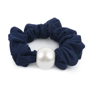 Dark blue honeycomb silk hair scrunchie with large white faux pearl detail elegant ponytail tie.