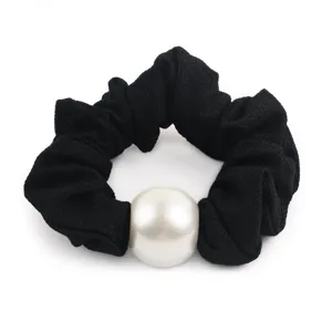 Black scrunchie with pearl detail, elegant hair tie for women and girls daily wear