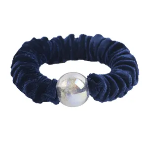 Dark blue velvet hair scrunchie with sparkling clear bead for women ponytail styling