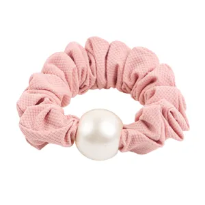 Pink honeycomb silk scrunchie with large pearl decor, elegant hair tie for daily ponytail styling.