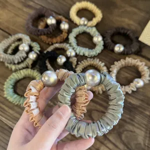 Satin hair scrunchies with large pearls, elegant elastic hair bands for women and girls daily.