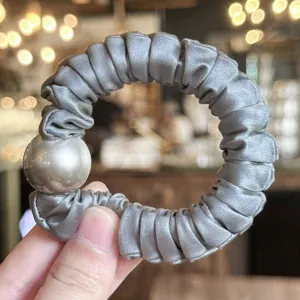 Grey satin hair scrunchie with large pearl detail elegant elastic hair rope for women accessories