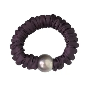 Dark purple satin scrunchie with a large pearl bead, elegant and elastic hair tie for women.