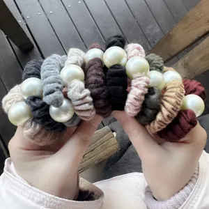 Winter woolen pearl hair scrunchies thick fuzzy hair ties cute elastic headbands set