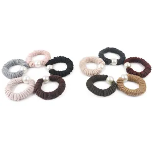 Autumn winter wool scrunchies with elegant pearls, soft pleated hair ties for women and girls.