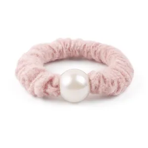 Pink wool scrunchie with large white pearl detail for women winter hair accessories hair tie