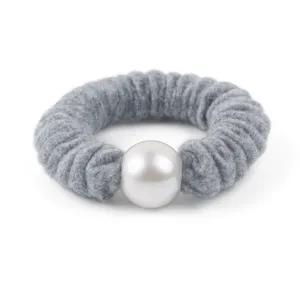 Grey wool scrunchie with pearl elegant autumn winter hair tie elastic band fashion hair accessories
