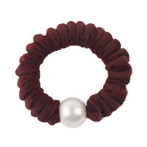 Elegant dark red wool scrunchie with large faux pearl charm, stylish hair tie for women.