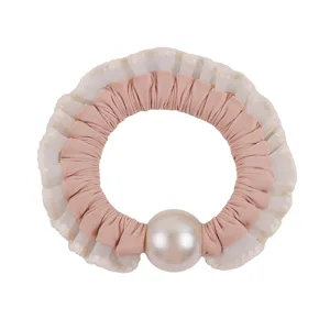 Elegant pearl hair scrunchie with lace ruffle pink fabric cute elastic hair band for women daily use