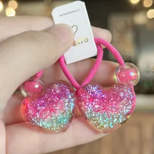 Lindos coleteros de corazón con purpurina para niños, cuerdas de pelo de resina brillante.