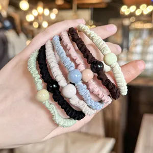 Cute soft ruffled hair scrunchies set with glossy beads elastic ponytail holder hair accessories