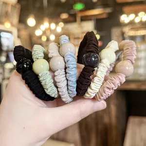 Soft pleated hair ties with large round beads, elegant high elasticity hair accessories for summer.