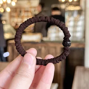 Brown pleated hair scrunchie with dark bead elastic hair tie soft fabric hair accessory
