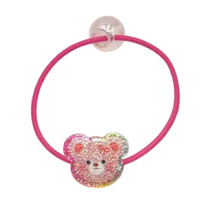 Grazioso elastico per capelli glitterato per bambini con ciondolo orsetto rosa e perla trasparente.